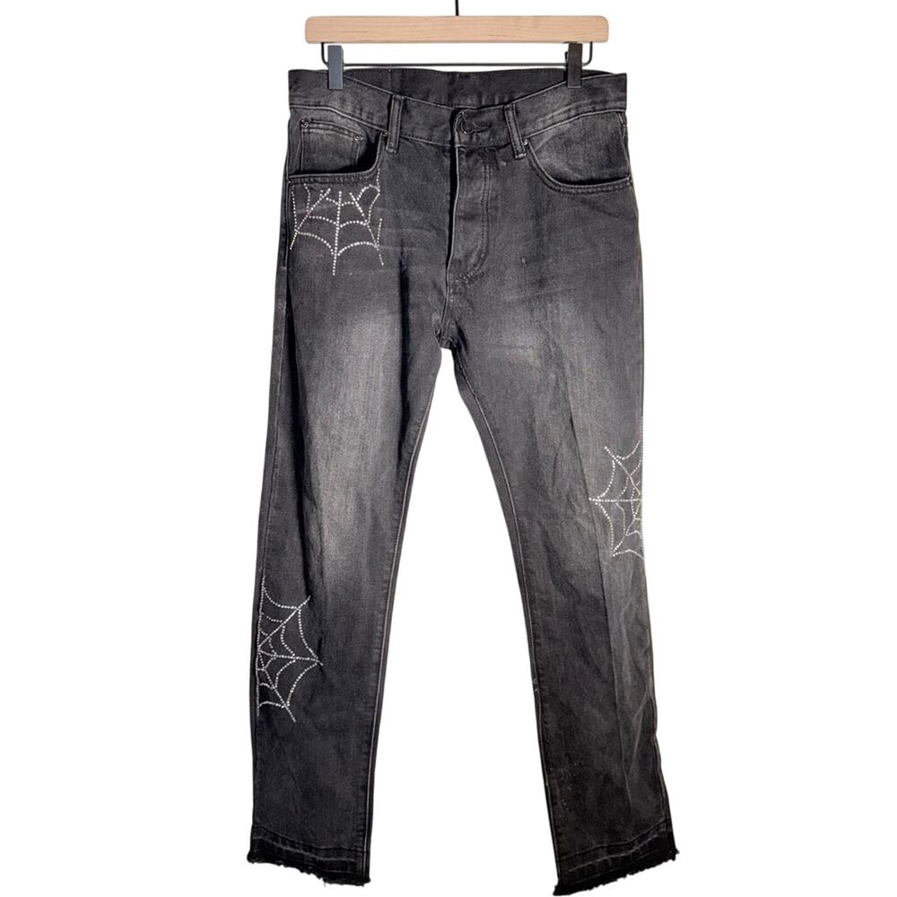 MNML gothic witchy whimsigoth rhinestone spiderweb raw hem jeans mens cut 31